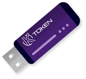 Token USB roxo com detalhes azul-escuros, exibindo a palavra 'TOKEN' e um logo estilizado, representando autenticação segura e certificados digitais.