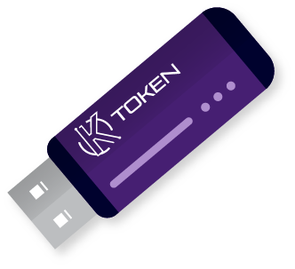 Token USB roxo com detalhes azul-escuros, exibindo a palavra 'TOKEN' e um logo estilizado, representando autenticação segura e certificados digitais.